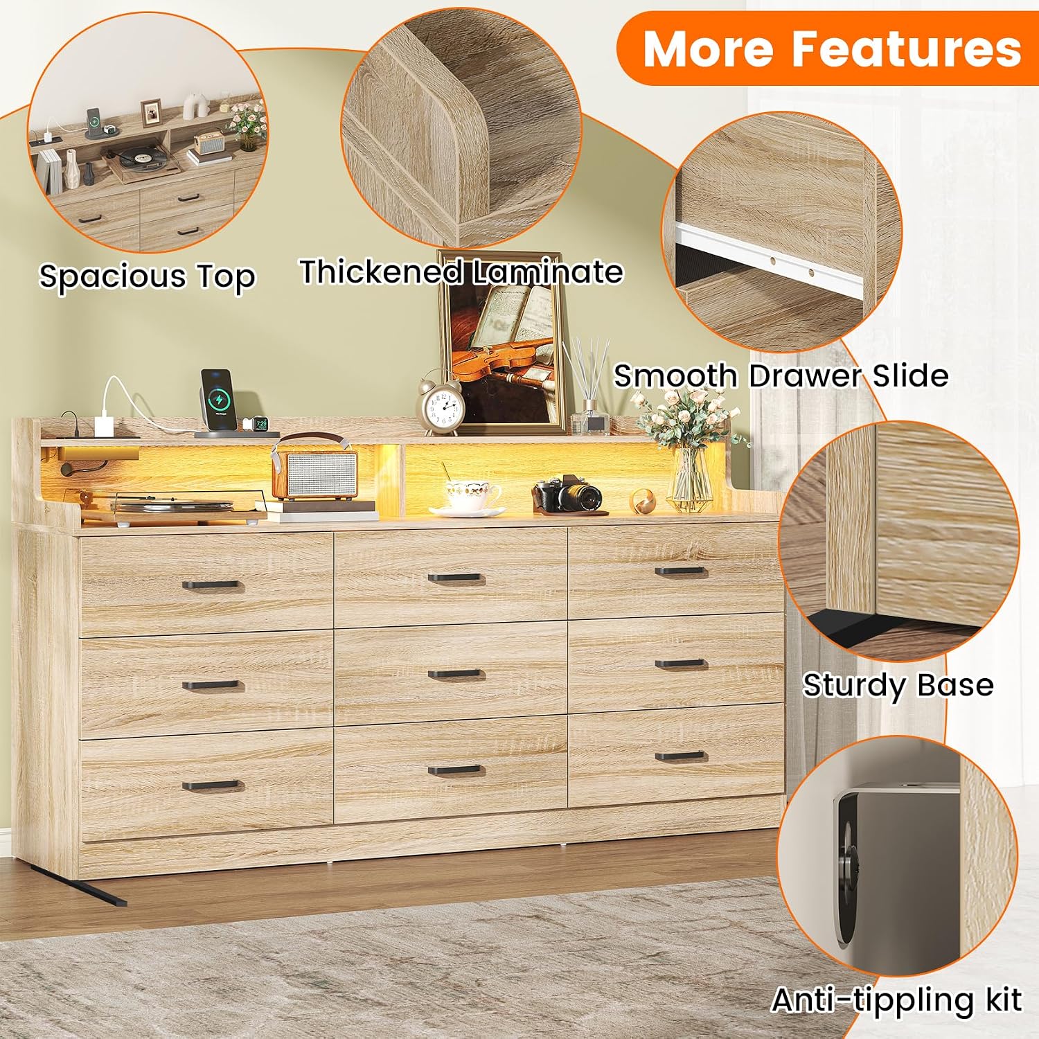 Bigbiglife 9 Drawer Dresser with Built-in Power Outlet, Mid Century Modern Chest of Drawers for Bedroom,63'' Triple Wide Dresser Storage Cabinet for Closet, Living Room, Entryway,Light Wood
