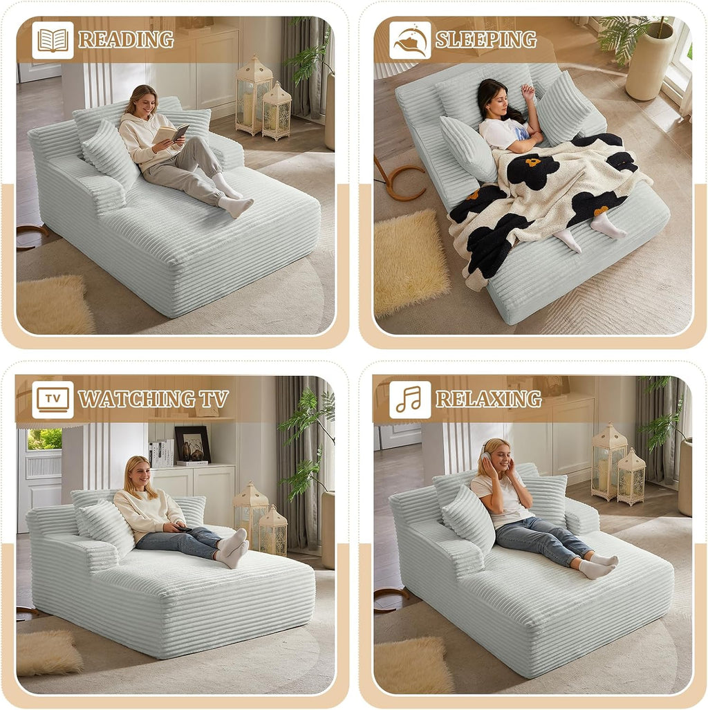 Oversized Chaise Lounge Chair Indoor, 66' Cloud Boneless Sleeper Couch Corduroy Upholstered Sofa Bed Deep Seat Comfy Reading Chair with 3 Pillows for Living Room Bedroom, Light Grey