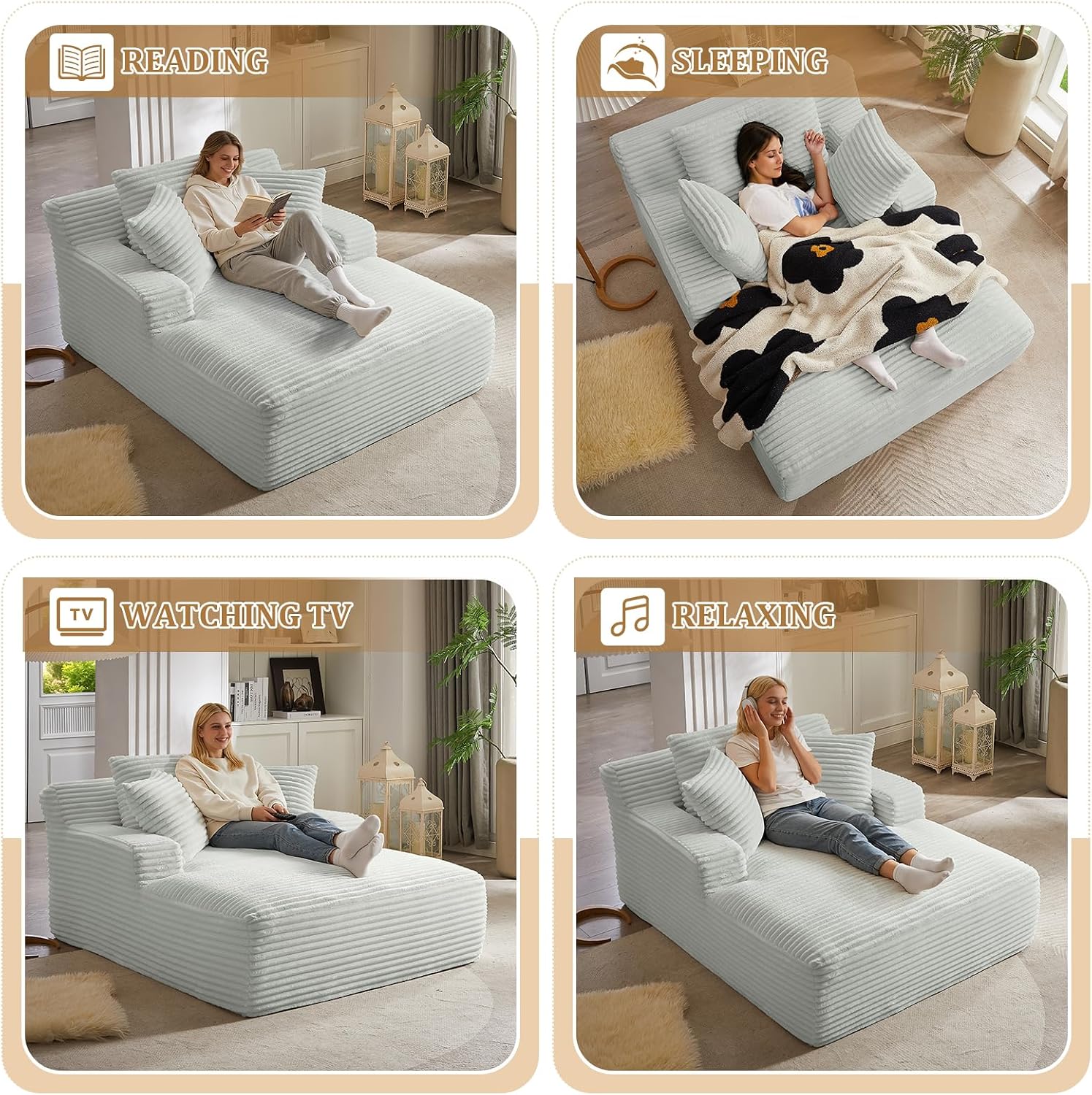 Oversized Chaise Lounge Chair Indoor, 66' Cloud Boneless Sleeper Couch Corduroy Upholstered Sofa Bed Deep Seat Comfy Reading Chair with 3 Pillows for Living Room Bedroom, Light Grey