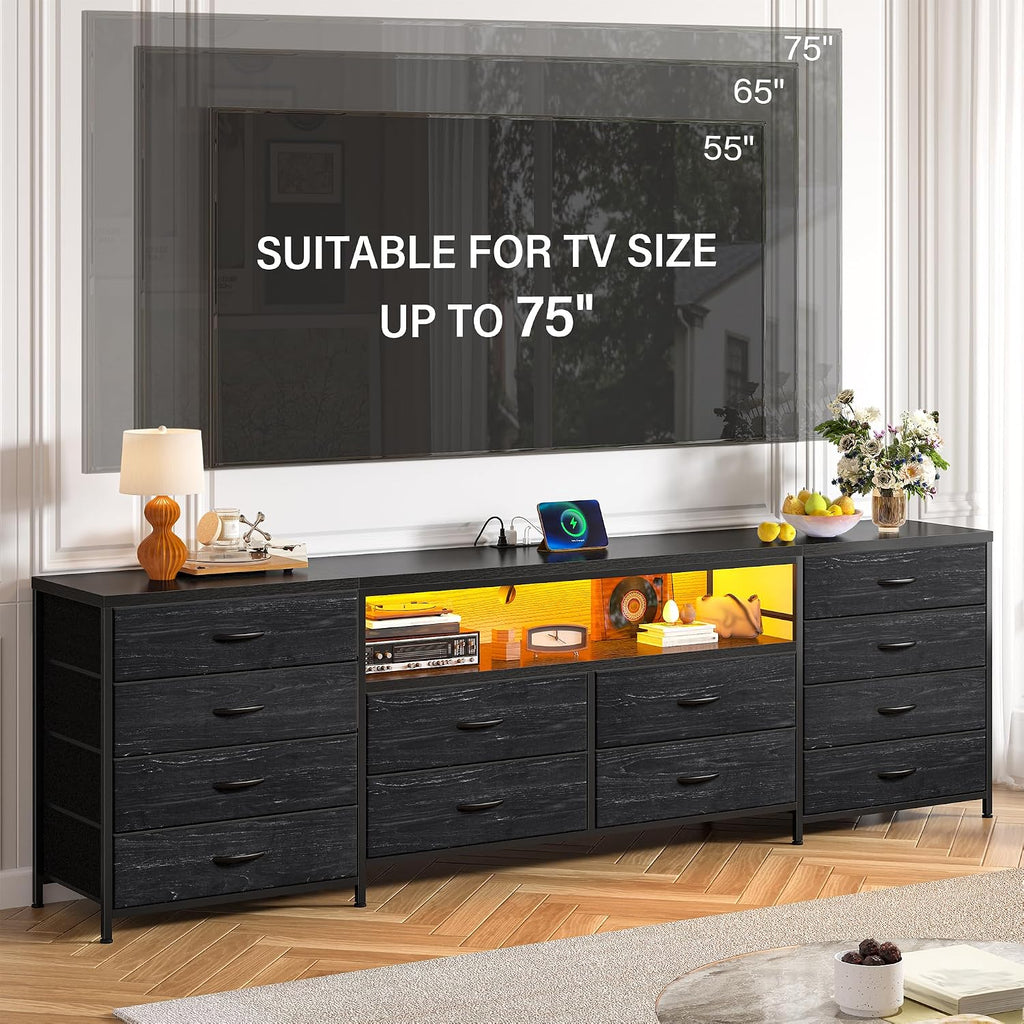 EnHomee Fits 65,70 inch TV Stand, 63' W Dresser TV Stand with LED Lights & Power Outlets, Entertainment Center with 12 Fabric Drawers Long Dresser for Bedroom, Living Room, Hallway, Black