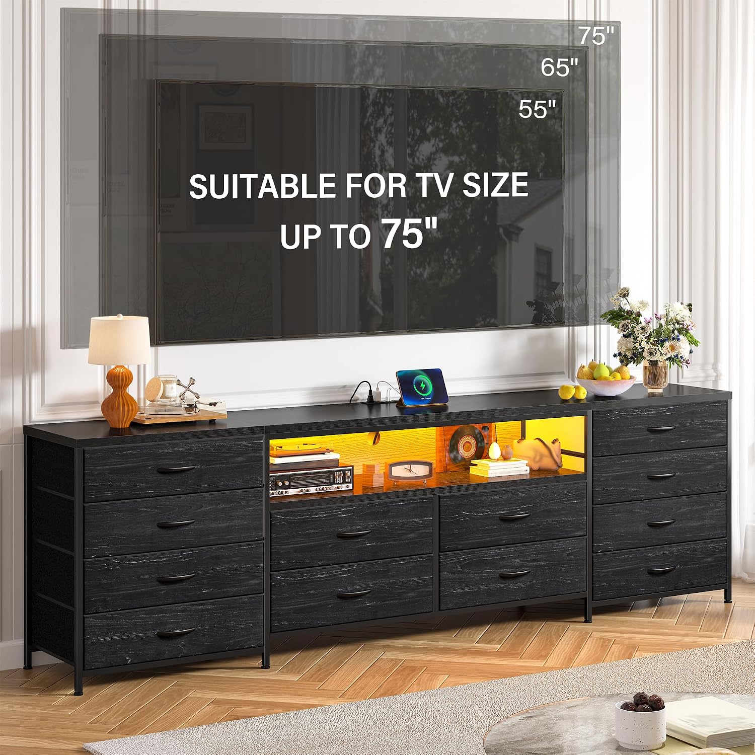 EnHomee Fits 65,70 inch TV Stand, 63' W Dresser TV Stand with LED Lights & Power Outlets, Entertainment Center with 12 Fabric Drawers Long Dresser for Bedroom, Living Room, Hallway, Black
