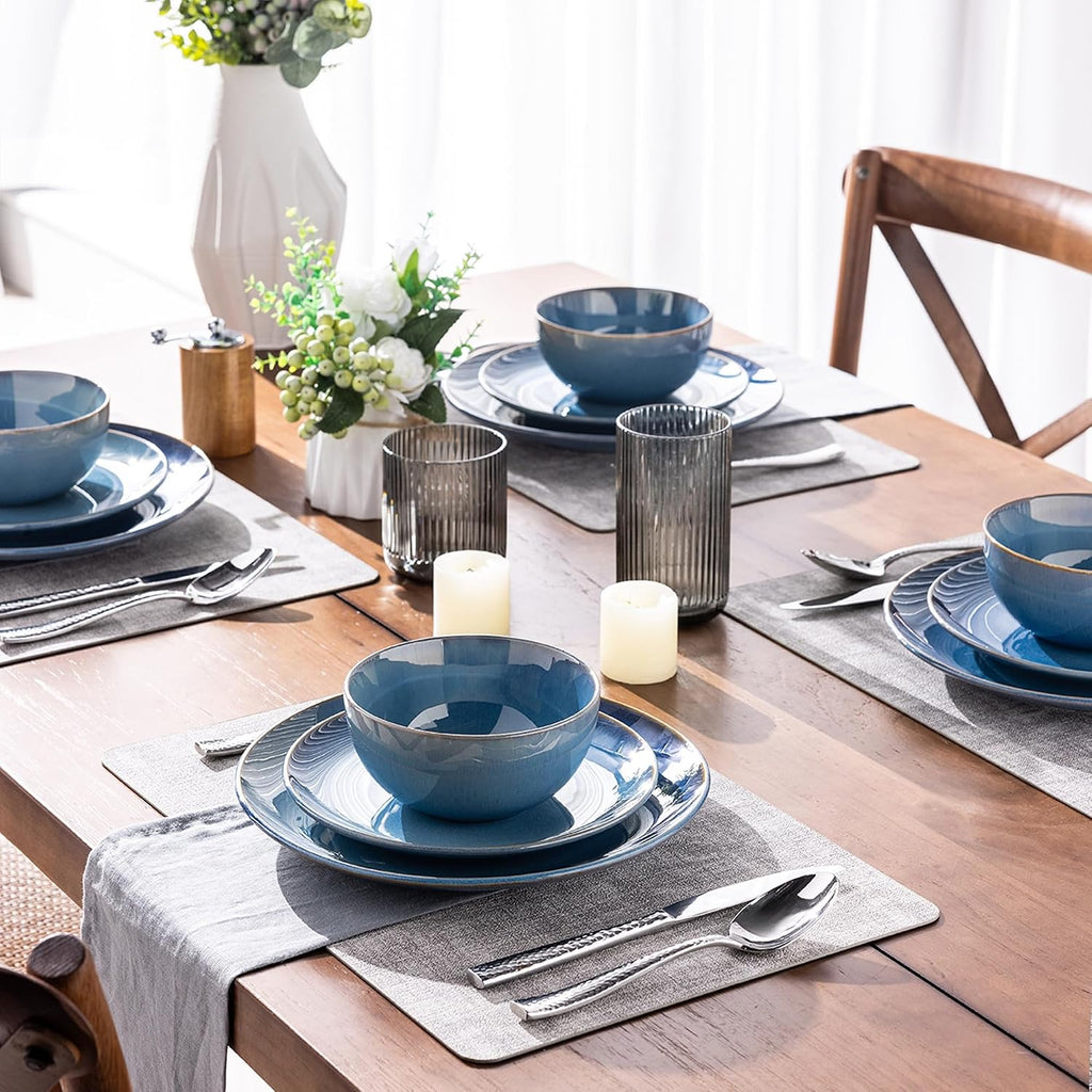 GBHOME Dinnerware Sets with Double Bowls for 6, 24 Pieces Stoneware Plates and Bowls Set, Scratch Resistant Ceramic Dishes Set, Dishwasher & Microwave Safe-Alaskan Blue
