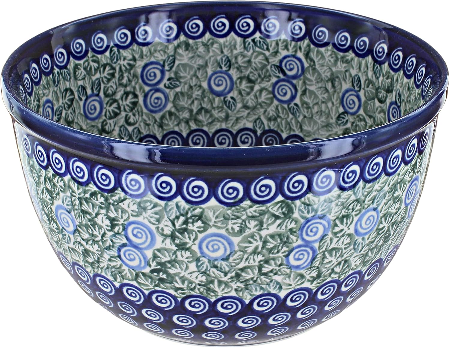 Blue Rose Polish Pottery - Green Seaside Swirl Medium Mixing Bowl - 8 Cup Capacity - Polish Pottery Ceramic Bowl for Baking, Mixing & Serving