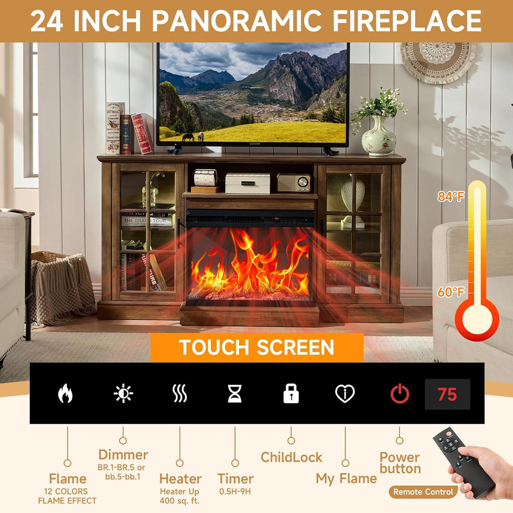 ROCKPOINT 3 Sided Glass 59' Fireplace TV Stand for TVs up to 65 Inch, Media Entertainment Center with Glass Door Storage Cabinet, 24' Electric Fireplace with LED Light and Flame Colors, Espresso