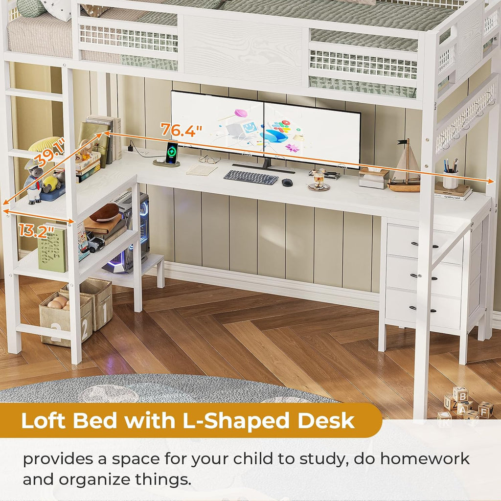 ADORNEVE Loft Bed Twin Size with L-Shaped Desk, LED Lights,Charging Station, Twin Metal Loft Bed Frame with Fabric Drawers & Shelve, 13.4' H Safety Guardrail, No Box Spring Needed, White