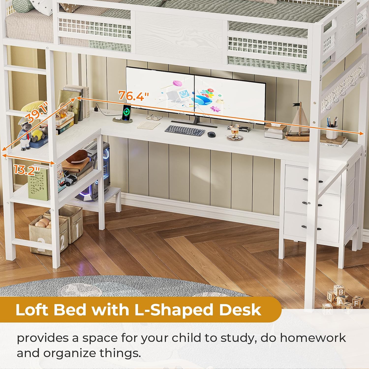 ADORNEVE Loft Bed Twin Size with L-Shaped Desk, LED Lights,Charging Station, Twin Metal Loft Bed Frame with Fabric Drawers & Shelve, 13.4' H Safety Guardrail, No Box Spring Needed, White