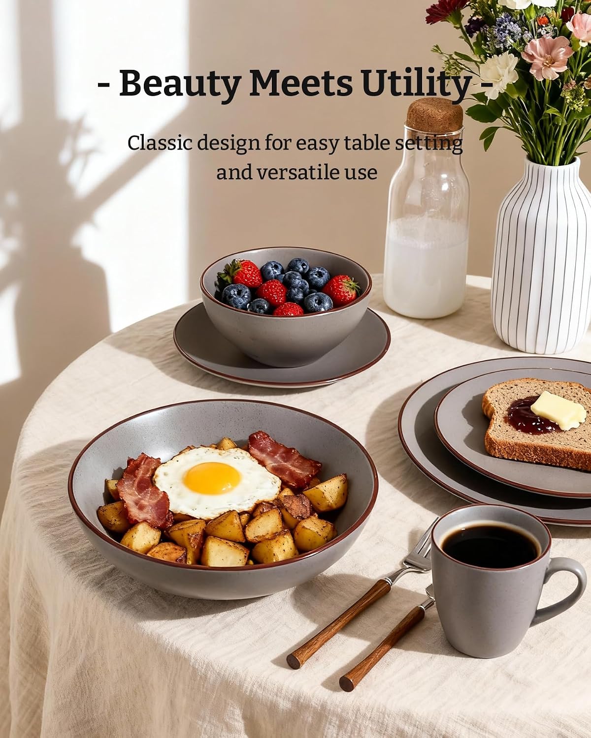 Famiware Venus 16-Piece Stoneware Dinnerware Sets with Mugs, Plates, Bowls, Service for 4, Matte Dark Gray - Modern Ceramic Chip‑Resistant Dishes for Everyday & Formal Use, Microwave & Dishwasher Safe