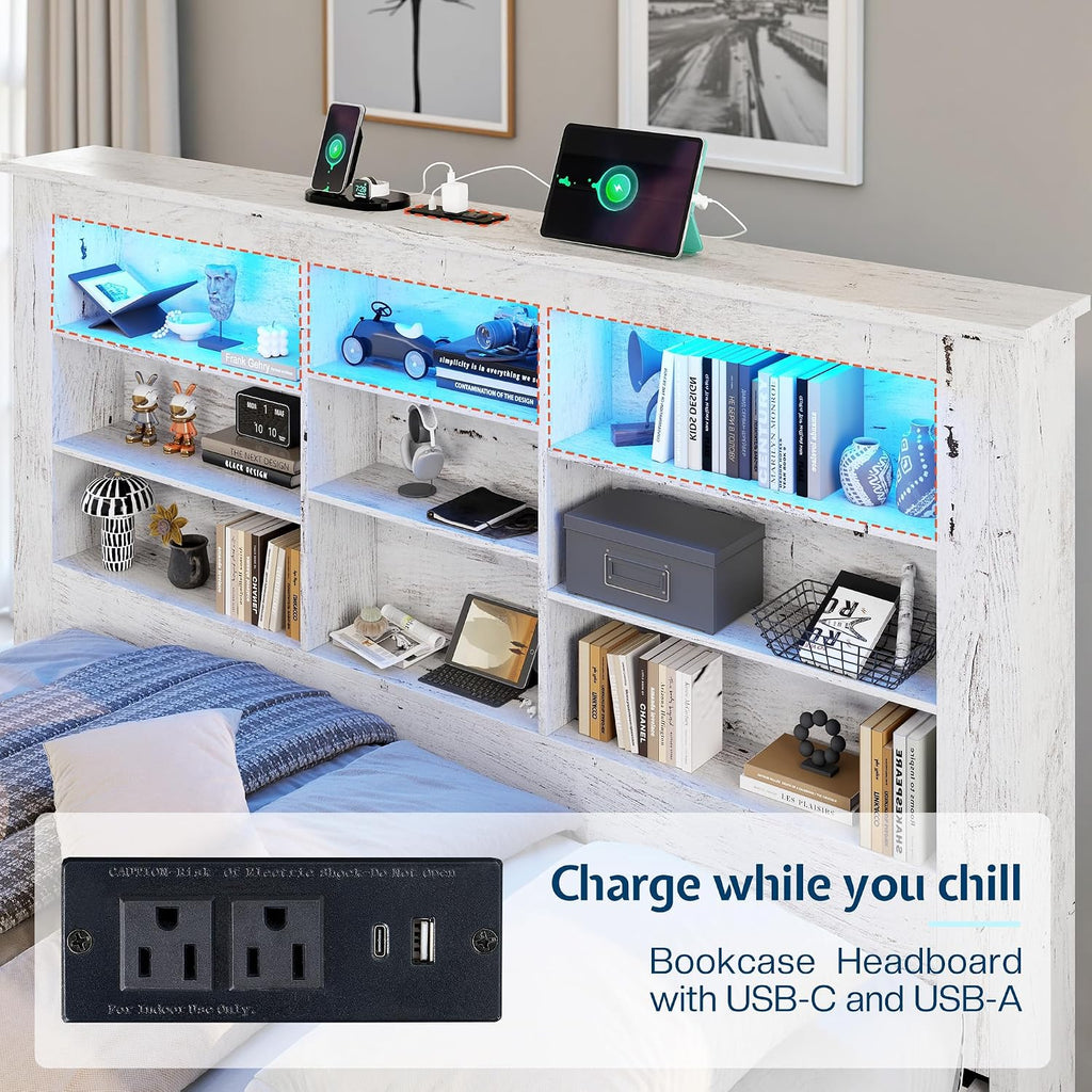Jocisland Twin Bed Frame with Storage Drawers, Bookcase Headboard, USB Charging, RGB Lights, Farmhouse Wood Daybed No Box Spring Needed, Distressed White | 49' tall shelving