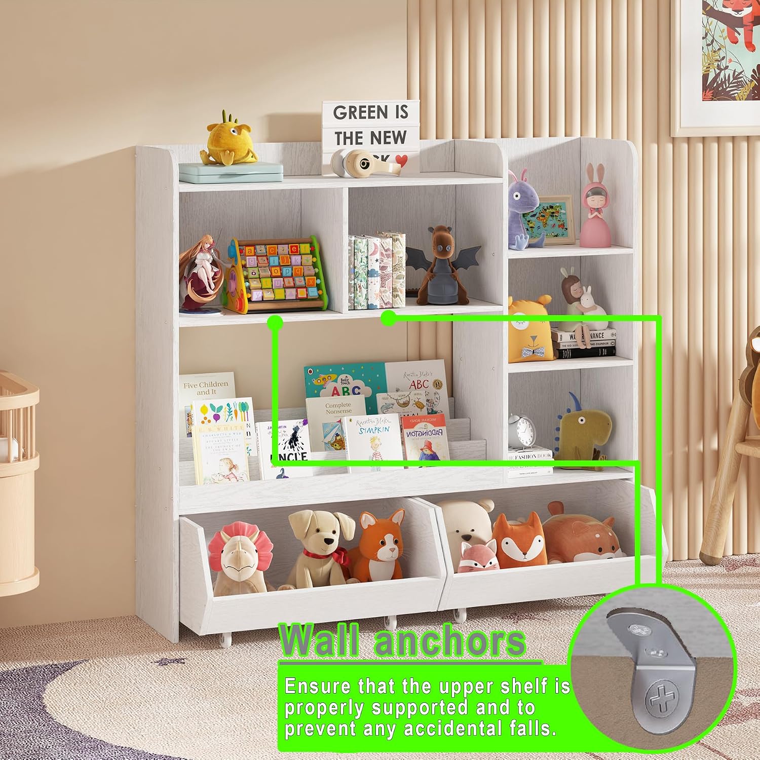 ZOPEND Kids Bookshelf and Toy Storage Organizer with 2 Rolling Bins, 5-Tier Open Wooden Bookcase for Children's Bedroom Playroom Nursery, Montessori Toddler Book Shelf with Display Rack, White