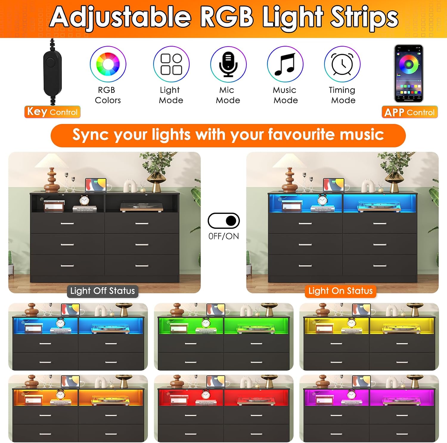 Bigbiglife Dresser for Bedroom, 6 Drawer Dresser with Charging Station and Led Light, Modern Chest of Drawers for Bedroom, Living Room,Black