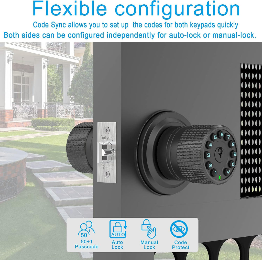Double Sided Keypad Door Knob with Dual Cylinders and Key Alike, iuknob Keyless Entry Smart Door Lock for Entrance, Fence, Gate, Swimming Pool,Waterproof and Weatherproof for Outdoor & Interior Door.