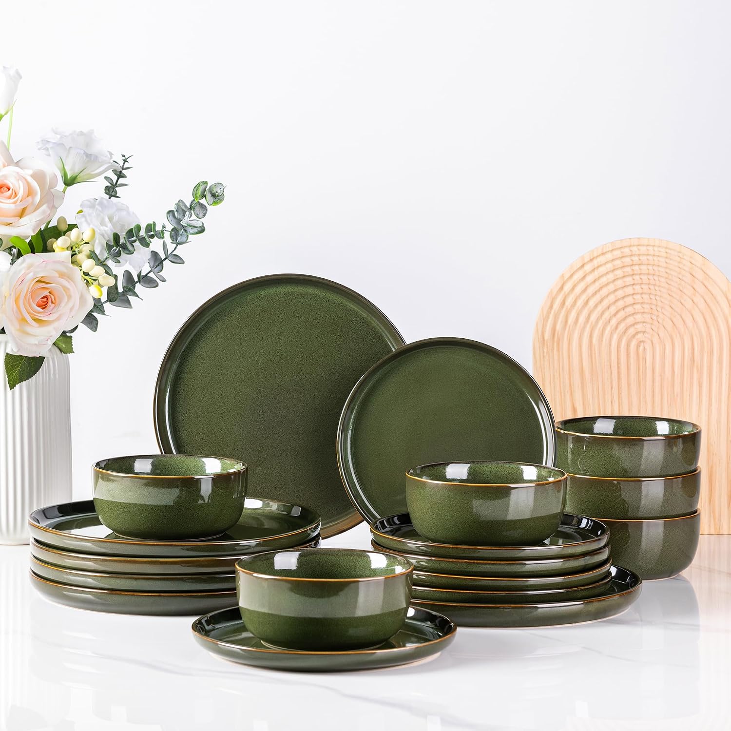 AmorArc Stoneware Dinnerware Sets,Round Reactive Glaze Plates and Bowls Set,Highly Scratch Resistant | Dishwasher & Microwave Safe Dishes Set,Service for 8 (24pc)