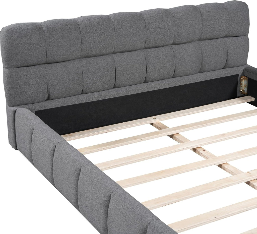 Queen Size Upholstered Platform Bed with Thick Fabric, Grounded Bed with Solid Frame,Wood Slat Support, No Box Spring Needed,Easy Assembly,Bedroom Set (C+Gray)