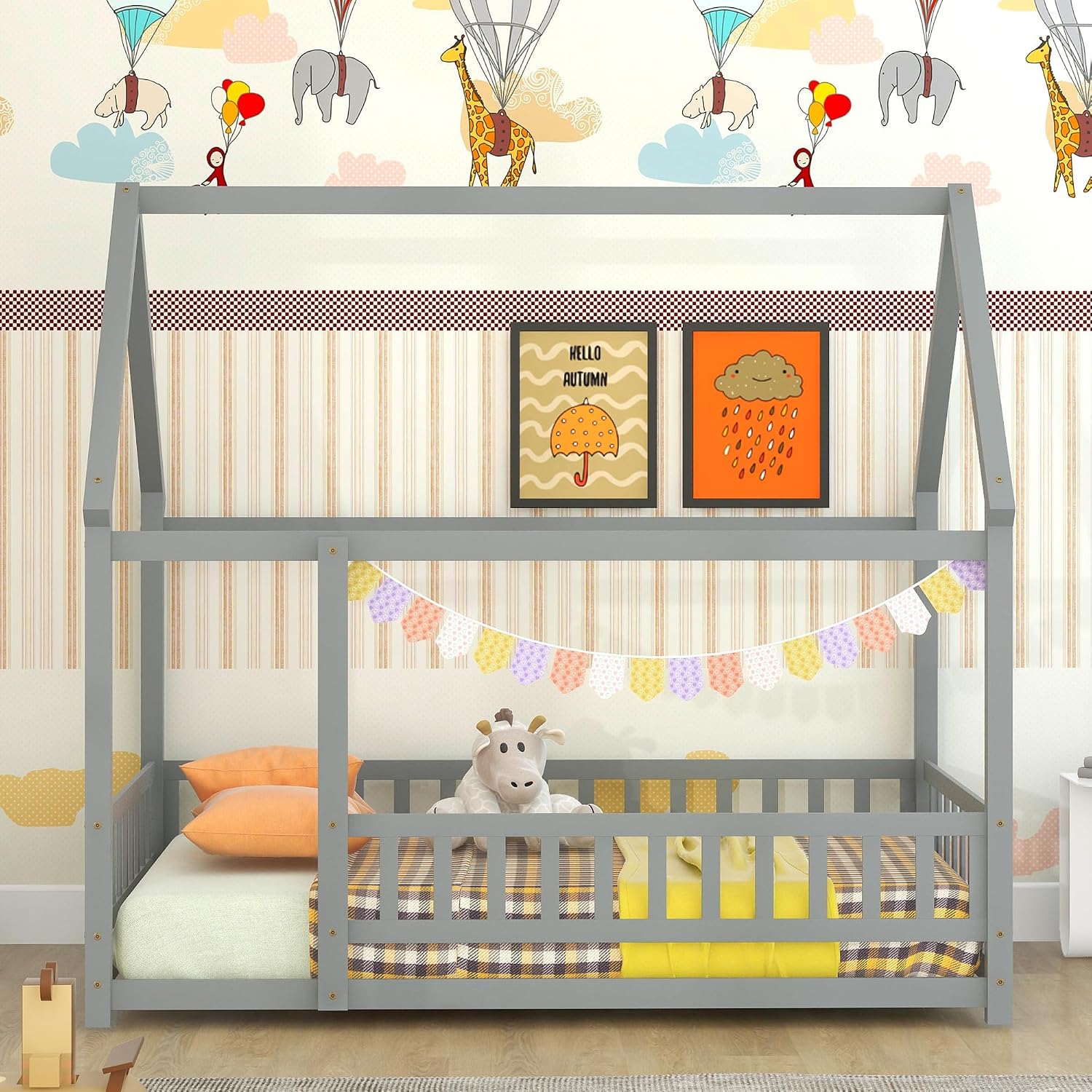Bellemave Full Size House Floor Bed,Wooden Montessori Bed with Fence and Roof for Kids,Playhouse Full Bed Frame for Girls,Boys(Full,Gray)