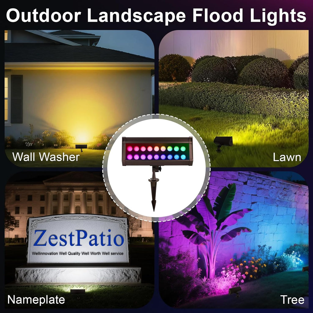 RGB Flood Lights Outdoor, 12V 9W LED Wired RGB Color Changing Low Voltage Landscape Flood Lighting for Outdoor Wall Washer House Uplight Tree, 1/2' NPT Threaded with Stake, Bronze, ETL, 4PK