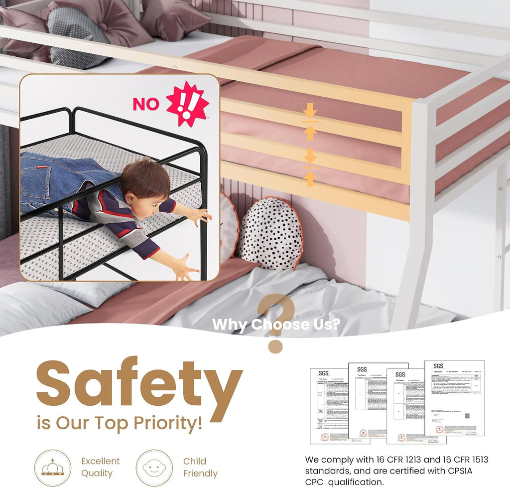 SHA CERLIN Loft Bunk Bed Twin Over Full Size with Ladder and Guardrail,Heavy Duty Metal Slats Support No Box Spring Needed Small Space Saving Furniture for Bedroom Dorm,White
