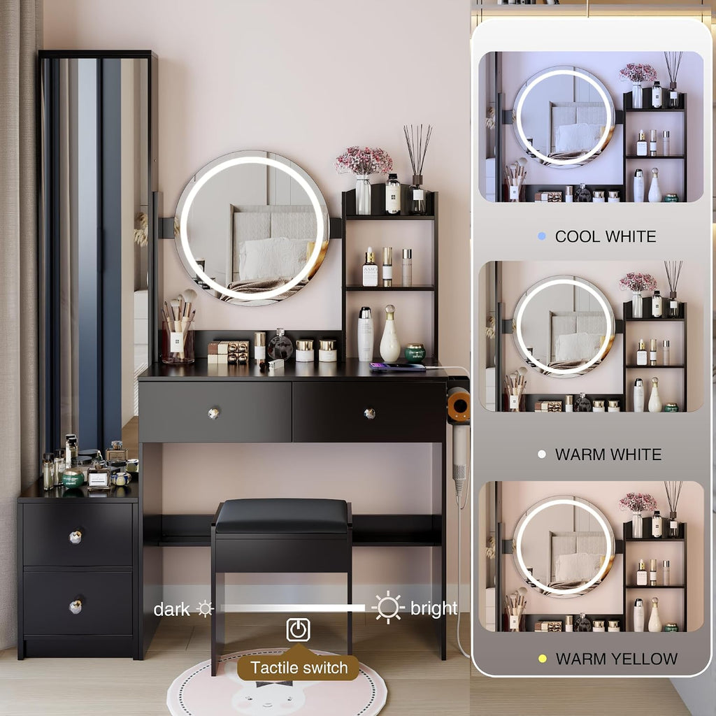 Modern Vanity Desk with Lights Detachable Full-Length Mirror Cabinet Power Outlet Makeup Dressing Table Vanity Set with Stool 4 Drawers Open Shelves for Bedroom Girl Women Vanity Gift (Black)