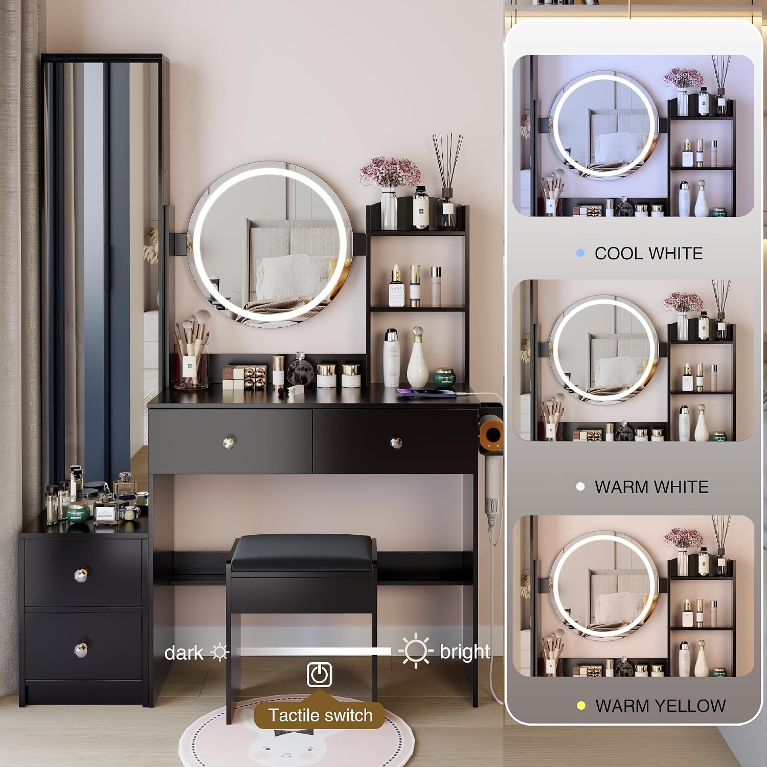 Modern Vanity Desk with Lights Detachable Full-Length Mirror Cabinet Power Outlet Makeup Dressing Table Vanity Set with Stool 4 Drawers Open Shelves for Bedroom Girl Women Vanity Gift (Black)