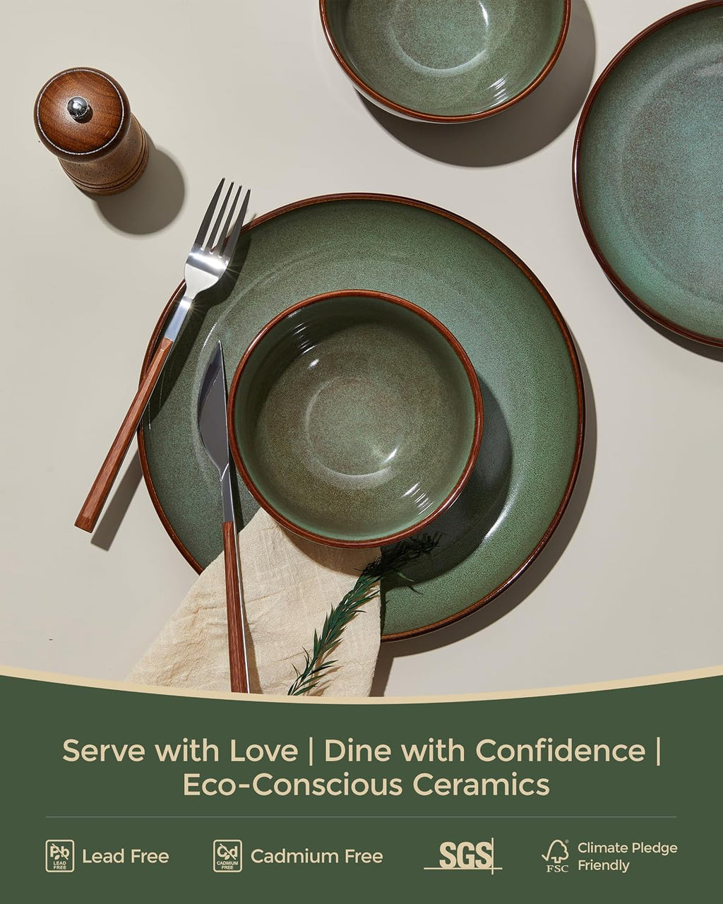 Pokini 24 Piece Double Bowl Dinnerware Sets with Pasta Bowls, Highly Chip and Crack Resistant Plates and Bowls Sets, Natural Earthyware Ceramic Dishware Sets, Service for 6 Brown Green