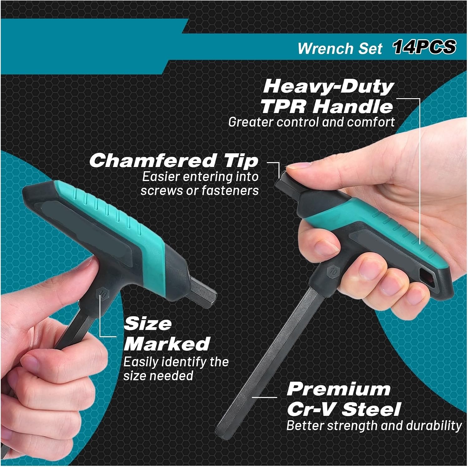 14pcs T-handle Wrench Kit Metric 2.5-10mm & SAE 1/8''-3/8'' Hex Key Long Hex Key Wrench Auto Bike Repair Tools