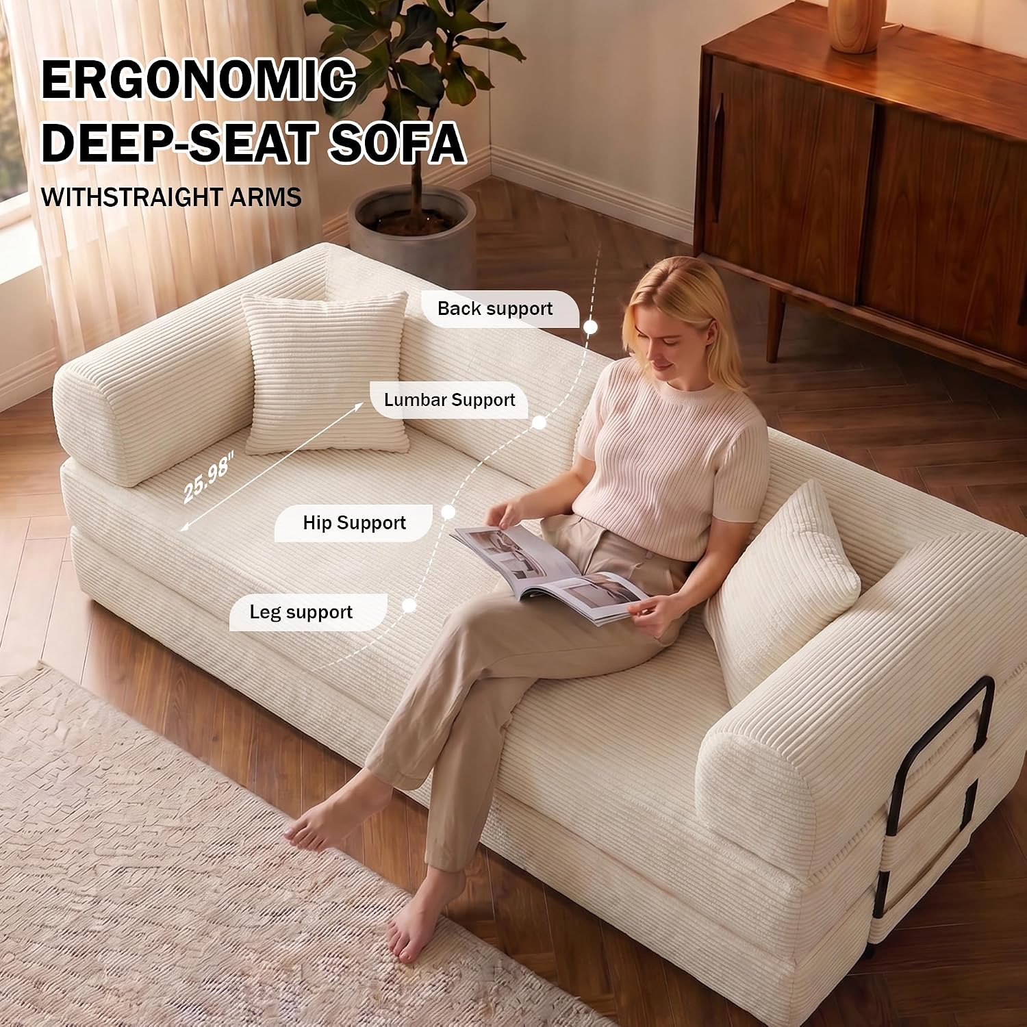 79'' Convertible Lounge Sofa Bed, 5-in-1 Corduroy Sleeper Couch with Pull Out Bed, Folding Floor Sofa for Living Room, Oversized Design, No Assembly (Beige White)