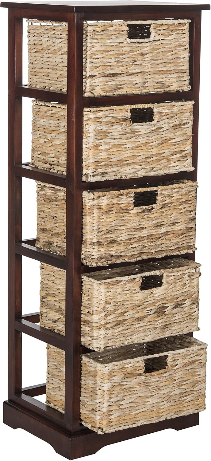 SAFAVIEH Furniture - Vedette 5-Basket Storage Tower - Cherry - Solid Wood - Coastal Basket Tower Design - Ideal for Entryway, Living Room, 17.5'W x 13.5'D x 46'H - Fully Assembled (AMH5739C)