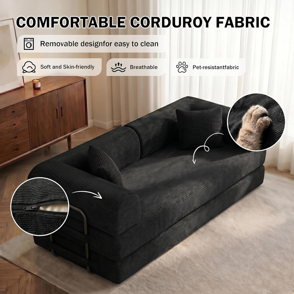 79'' Convertible Sofa Bed, 5-in-1 Folding Sleeper Couch with Pull Out Bed, Corduroy Modular Floor Sofa for Living Room Apartment Dorm, No Assembly Space Saver (Black)