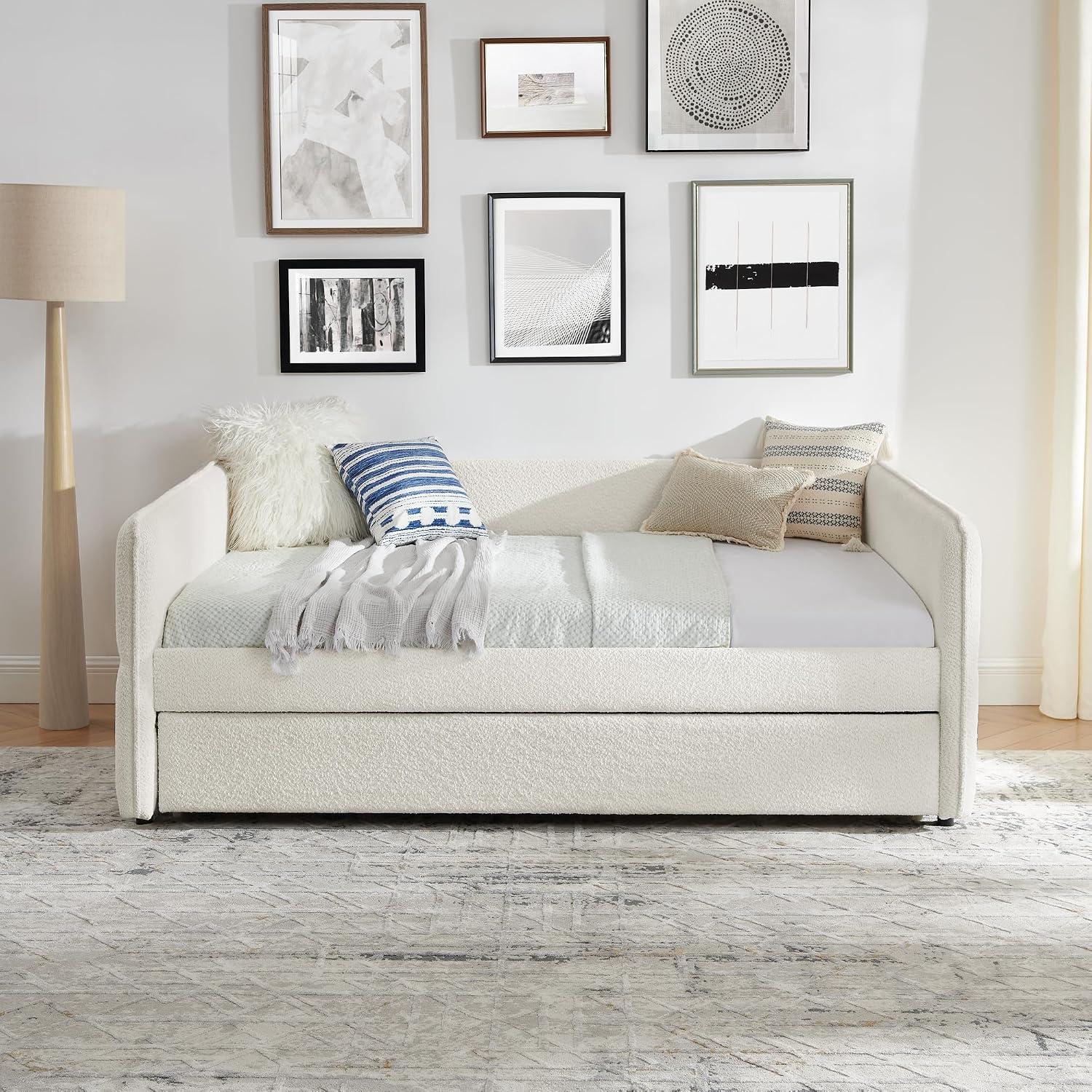 Ball & Cast Full Size Daybed with Pop up Trundle,Boucle Fabric Upholstered Day Bed Frame with Wood Slats Support,Extendable Trundle Bed,Full to King Daybed,Easy Assembly,Beige