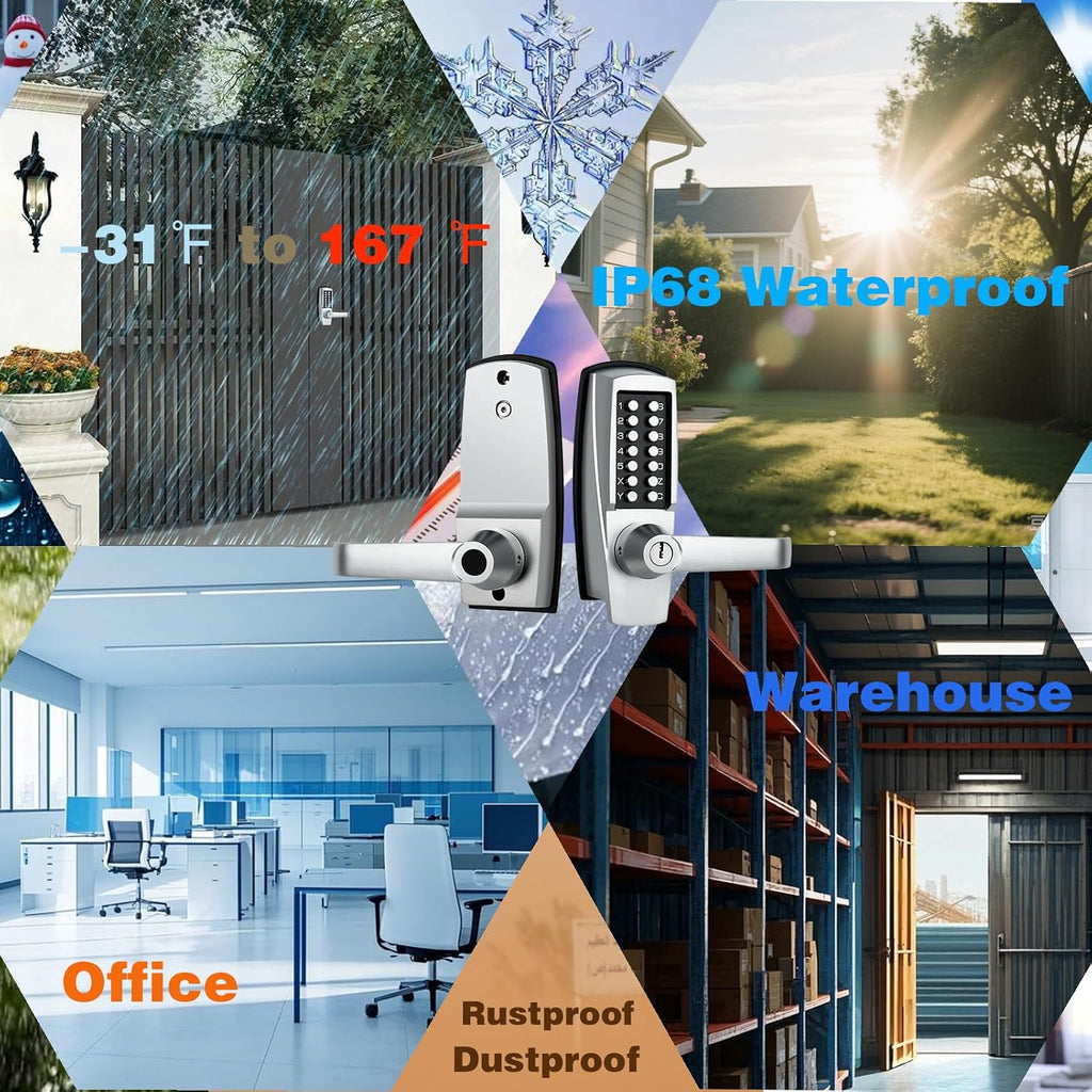 Mechanical Entry Door Lock, 14 Digital keypad,Weatherproof deadbolt with Handle, Security Heavy Duty Outdoor Lock Without Electronic, Easy Installation, for Home, Yard-gate, Office, Chrome
