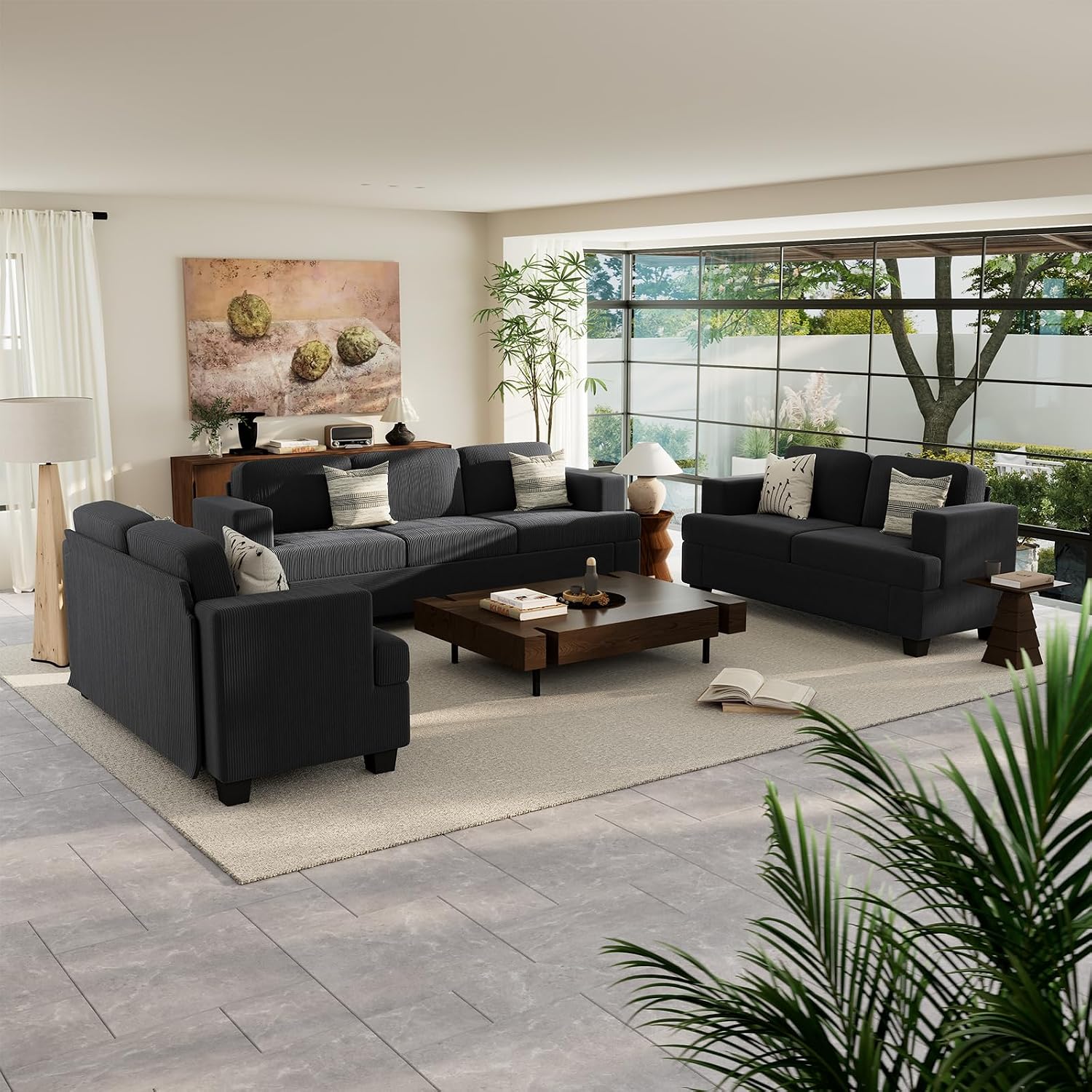Fiona's magic 3 Pieces Corduroy Couch Set for Living Room, 7 Seats Cloud Sofa, Deep Seat Floor Couch for Bedroom, Futon Modern Sofa Bed, Black Corduroy