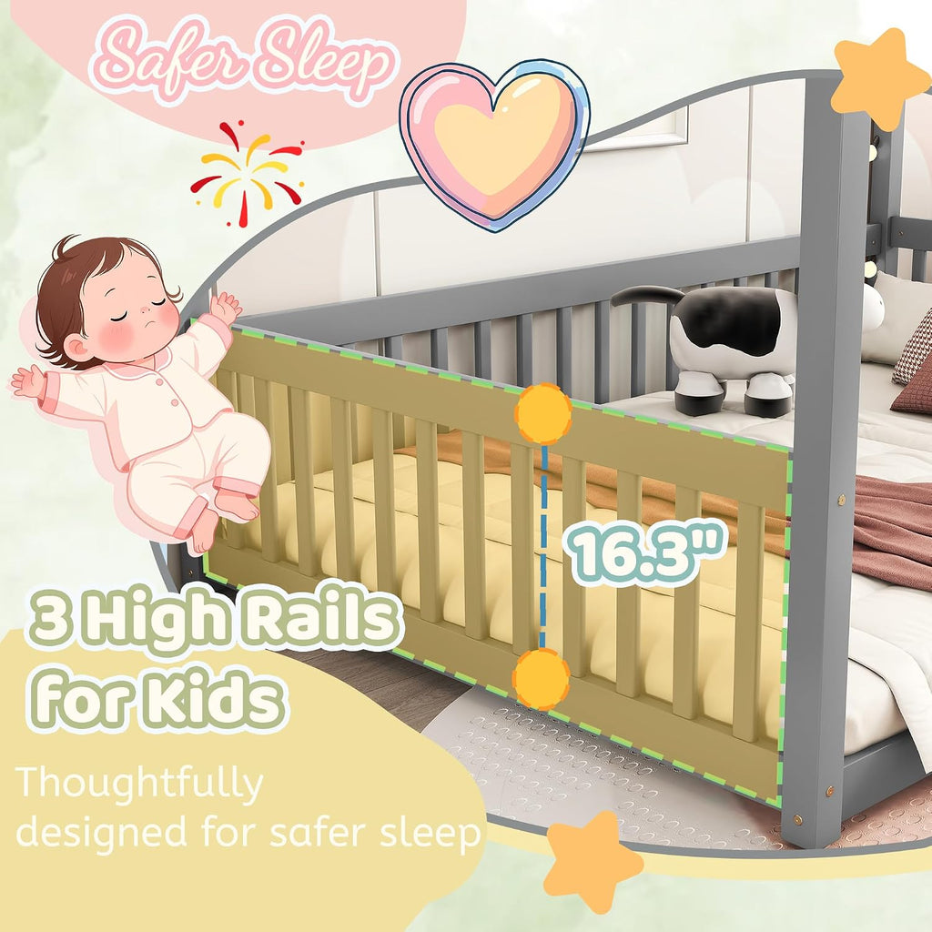 Full Size Canopy Bed Frame with 4 Posters and Guardrails for Kids, Wood Montessori Floor Bed Full Size with High Fence for Girls & Boys, Easy Assemble, Montessori Beds,Gray