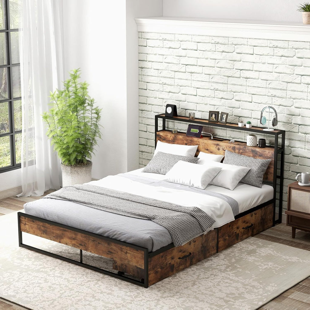 Giantex Queen Bed Frame with 2 Storage Drawers and Charging Station, Industrial Platform Bed Frame with 2-Tier Storage Headboard, Rustic Metal Slats Support Mattress Foundation, No Box Spring Needed
