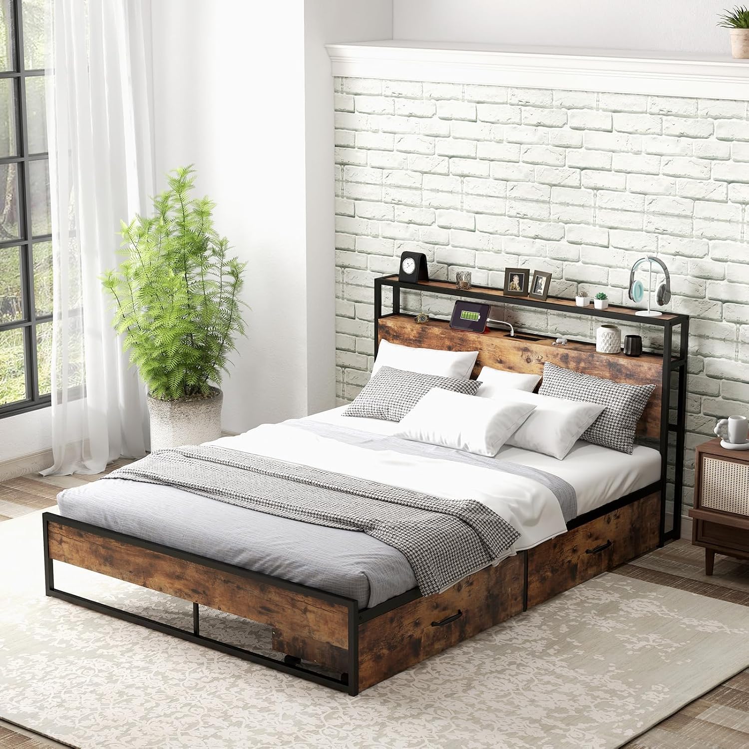 Giantex Queen Bed Frame with 2 Storage Drawers and Charging Station, Industrial Platform Bed Frame with 2-Tier Storage Headboard, Rustic Metal Slats Support Mattress Foundation, No Box Spring Needed