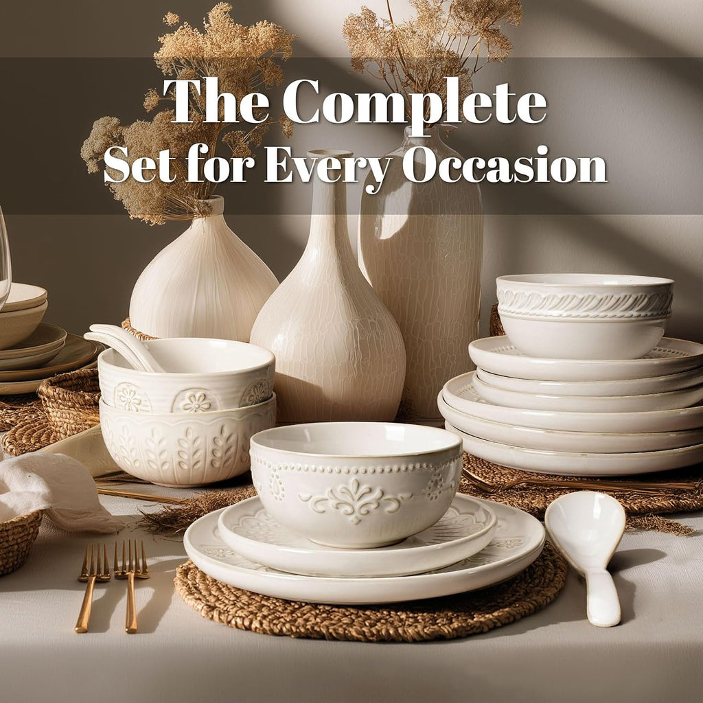 Artena Plates And Bowls Sets, 16 Pieces Dinnerware Sets, Dish Set For 4, Ceramic Kitchen Bowl And Plate Set, Embossed White Dishware Sets, Dishwasher & Microwave Safe (Wheat Leaf)