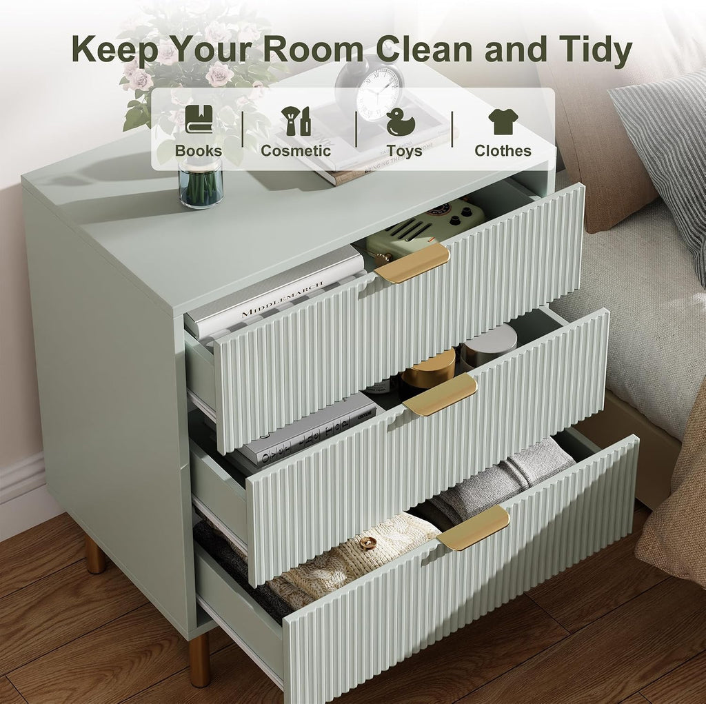 GarveeHome Green Dresser, Modern 3 Drawer Dresser for Bedroom with Gold Handle and Large Drawer, Wood Double Chest of Drawers and Storage Organizer for Living Room, Hallway, Entryway