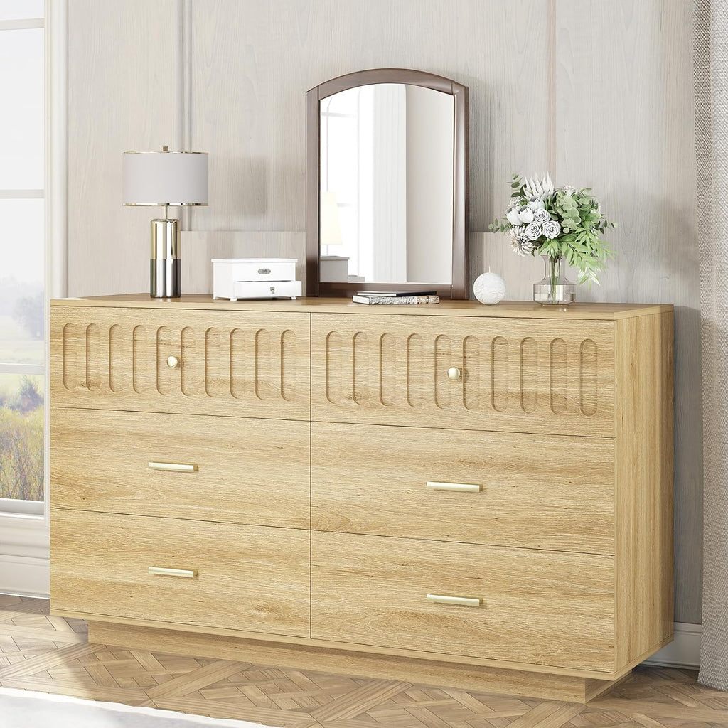 IBF Modern Fluted 6 Drawer Dresser for Bedroom, Fluted 55 Inch Chest of Drawers for Kid Adult Closet, Large Wood Clothes Storage Dresser with Anti-Tipping Device for Living Room Hallway, Oak
