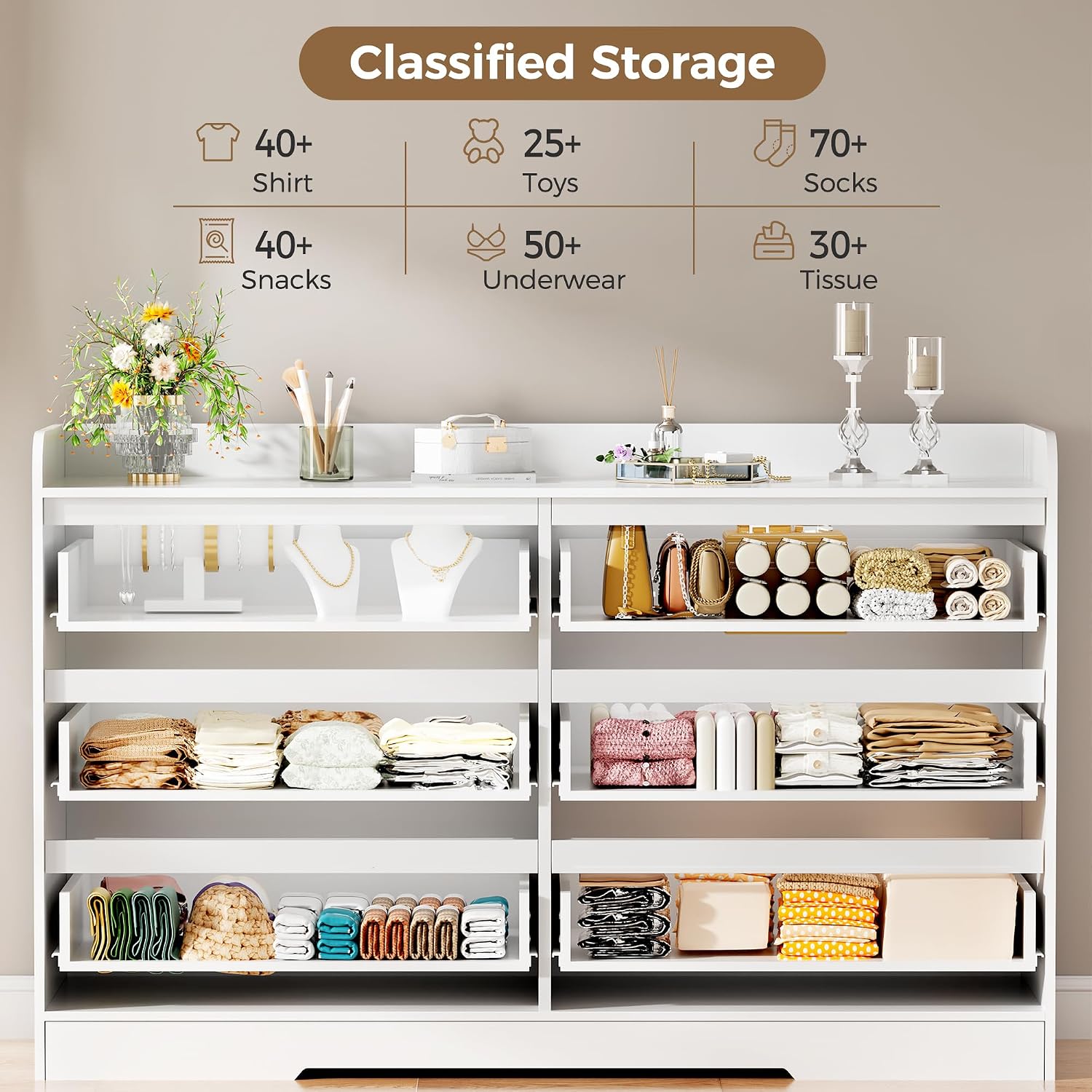 BEWISHOME Dresser for Bedroom, White 6 Drawer Dresser Chest of Drawers, Wood Dressers for Closet, Wide Modern Dressers with Fence for Living Room, Hallway, Entryway, TV Stand, White KCG04W