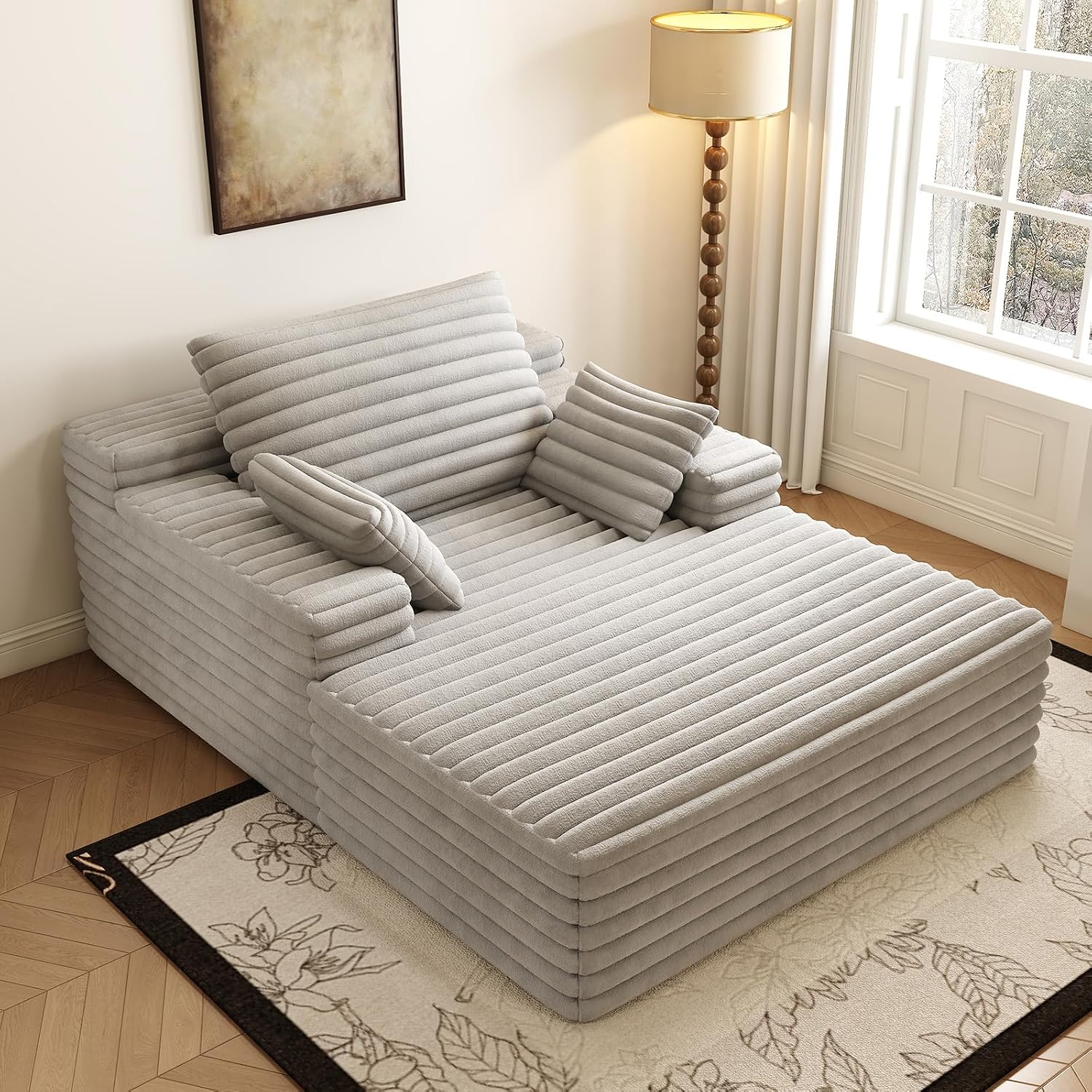 Oversized Chaise Lounge Chair Indoor, 62.6' Cloud Boneless Sleeper Couch Corduroy Upholstered Sofa Bed Deep Seat Comfy Reading Chair with 3 Pillows for Living Room Bedroom, Grey