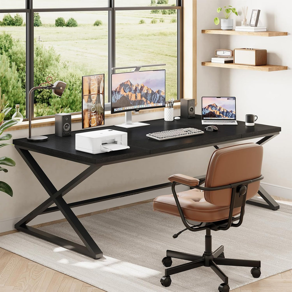 IBF Large Black Computer Desk, 70.8' Long Writing Desk for Home Office, Modern Simple Executive Work Study Desk for Two Person, Wood Double PC Gaming Workstation Computer Table for Bedroom, Black Oak