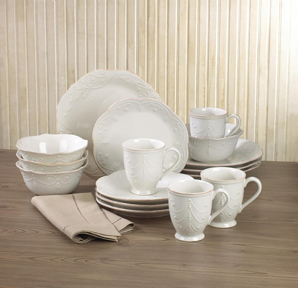 Lenox Dinnerware Set, French Perle White 16-Piece Set, Service For 4, Stoneware Material, Dishwasher Safe, Microwave Safe, Plates, Bowls, Mugs, Plates and Bowls, Dishes (White, 16 Piece)