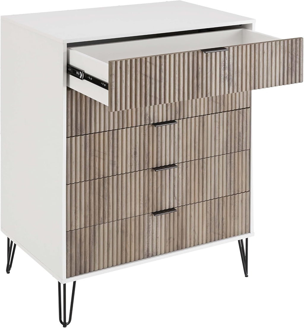 Manhattan Comfort Dumbo 3-Piece Modern Dresser Drawer and Nightstand Set, Tall and Double - Vertical Ribbed Design - No Tool Assembly Storage for Bedroom & Living Room, White/Grey