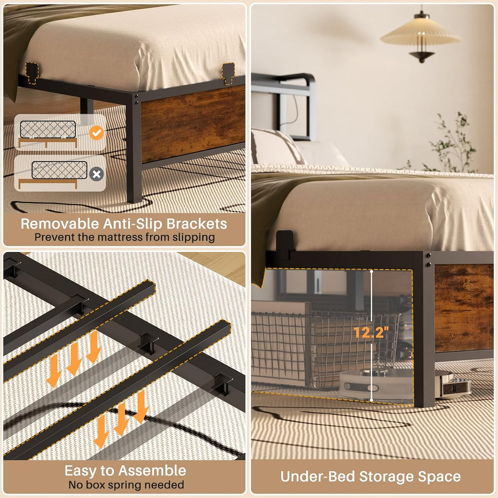 Homieasy Full Size Bed Frame with Charging Station, Industrial Led Bed Frame with Upholstered Leather Headboard, Rustic Brown
