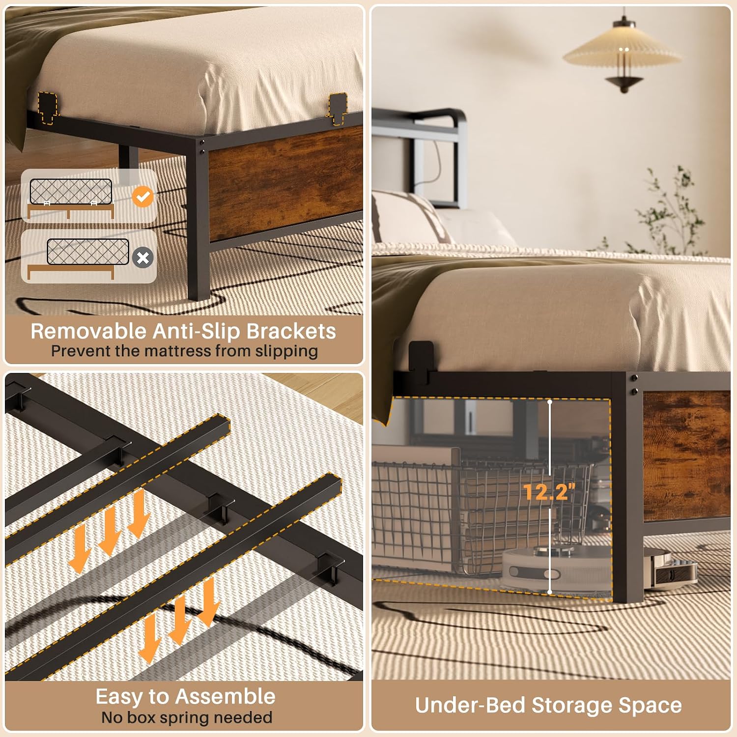 Homieasy Full Size Bed Frame with Charging Station, Industrial Led Bed Frame with Upholstered Leather Headboard, Rustic Brown