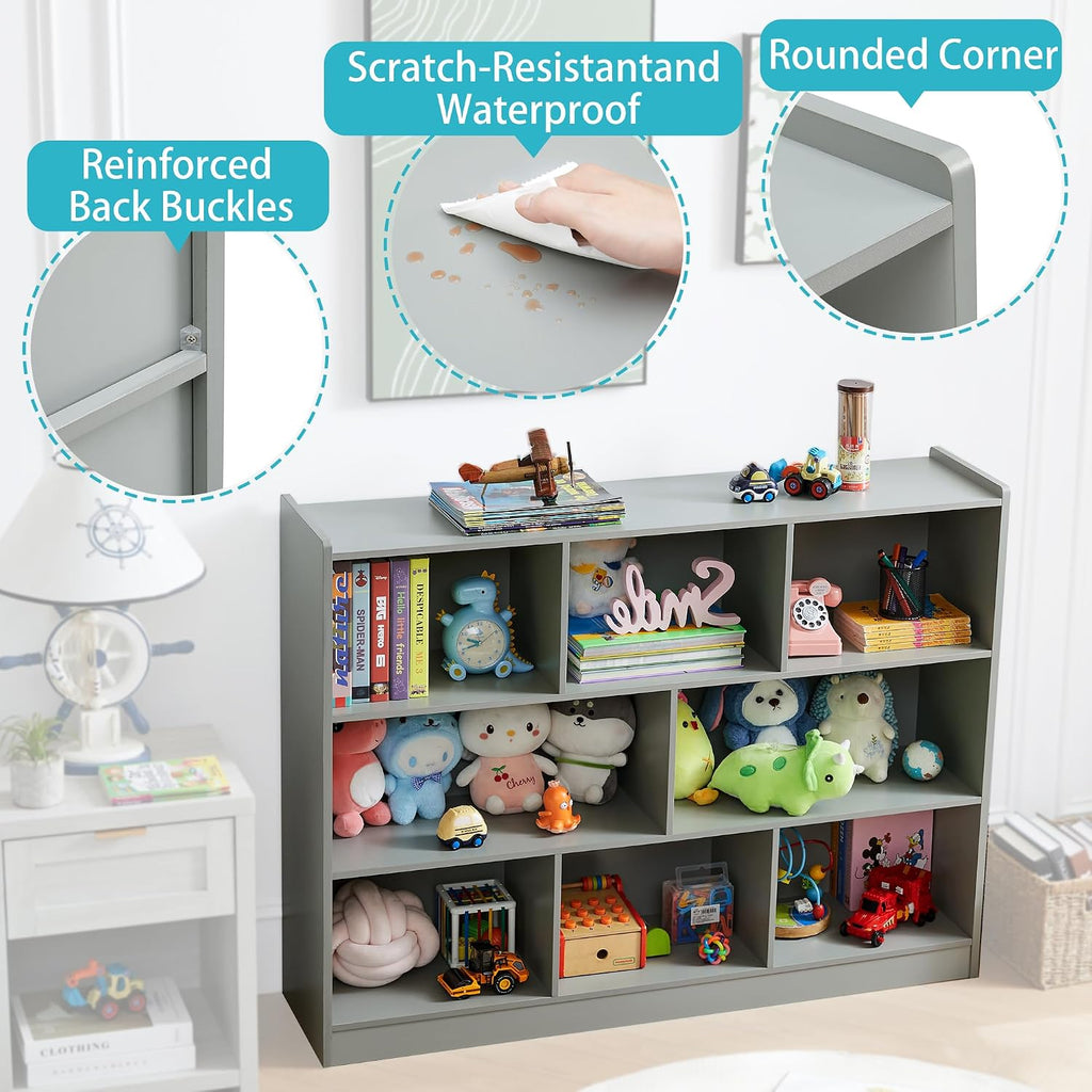 3-Tier Bookshelf, 8-Section Wooden Bookcase, Storage Organizer with Anti-Tilt Device, Modern Storage Display Cabinet for Living Room, Classroom, Kid's Room (Grey)