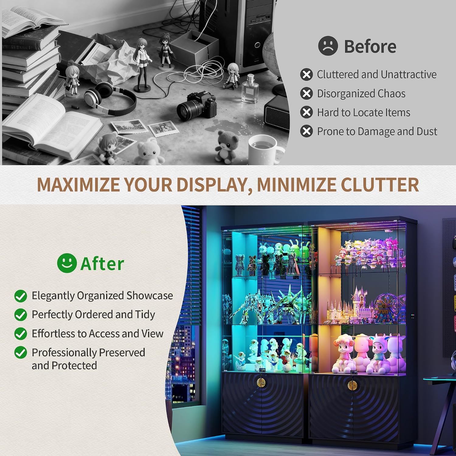 71'' Display Cabinet with Glass Doors,4-Tier Curio Black Cabinet with 3-Color Lights for Collectibles,Lockable Glass Display Case with Human Body Sensor,Tall Bookcase w/Shelves&Door Panel