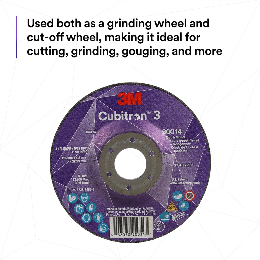 3M Cubitron 3 Cut and Grind Wheel, 88992, 36+, T27, 7 in x 1/8 in x 5/8 in-11, Pack of 10, ANSI, Longer Life, Faster Cut, Back-Gouging, Fillet Weld Removal, Cutting, Grinding