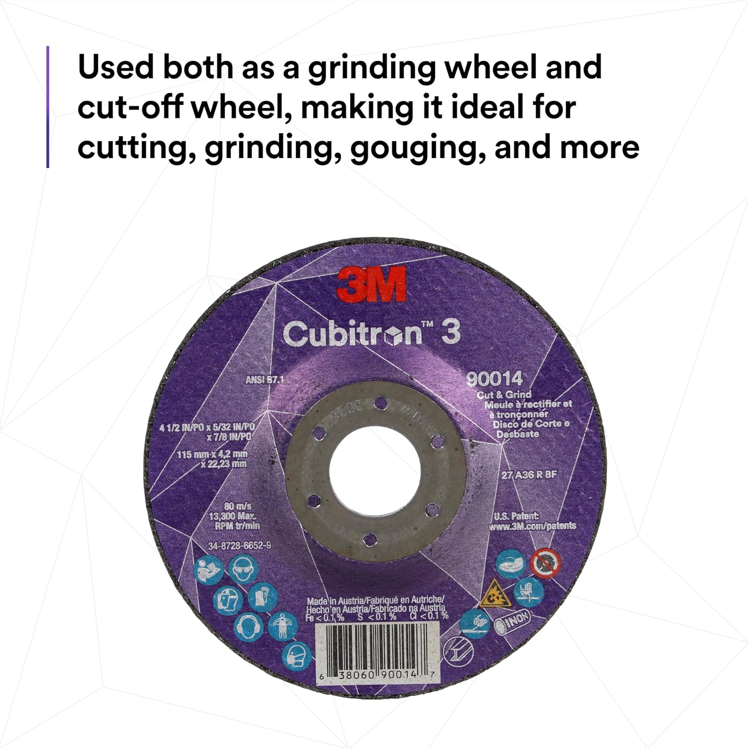 3M Cubitron 3 Cut and Grind Wheel, 90014, 36+, T27, 4-1/2 in x 5/32 in x 7/8 in, Pack of 10, ANSI, Longer Life, Faster Cut, Back-Gouging, Fillet Weld Removal, Cutting, Grinding