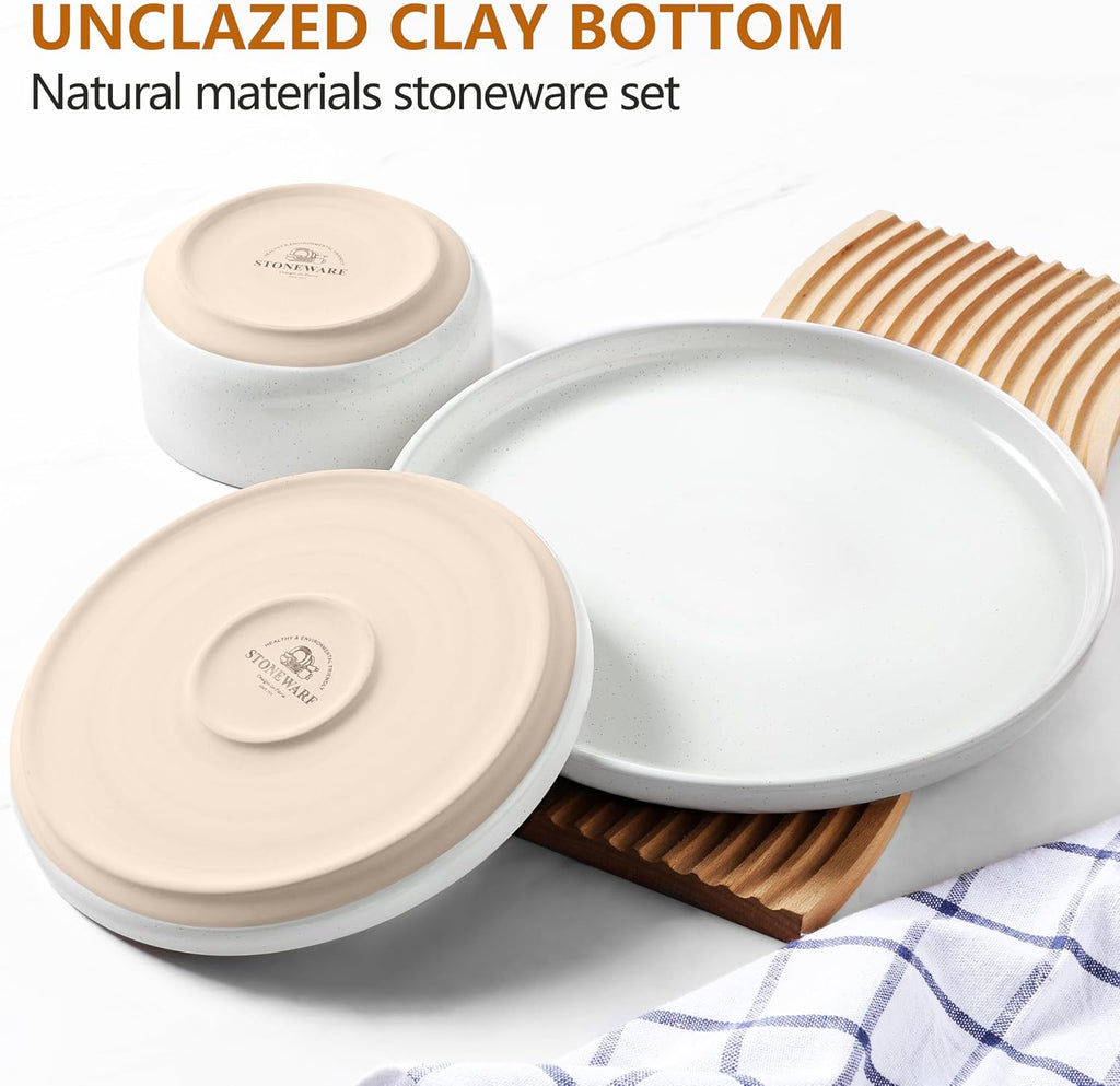 LIANYU 24 Piece Dinnerware Sets for 8, Stoneware Dinner Dishes for Kitchen Dining, Elegant Plates and Bowls Sets, Safe & Healthy Clay, Oven & Dishwasher Safe, Snowy White