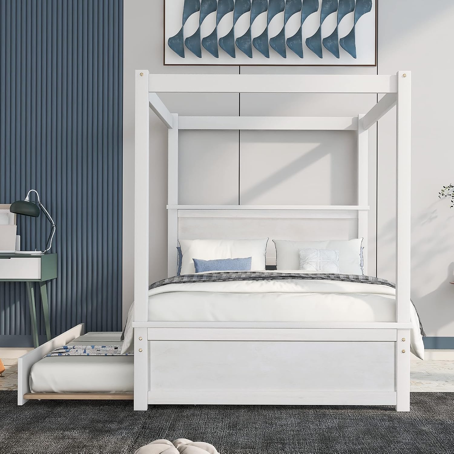 CITYLIGHT Full Size Canopy Bed Frame with Trundle Bed,Wooden Canopy Trundle Bed with Support Slats,Four Post Bed with Headboard for Kids Girls Boys,Brushed White