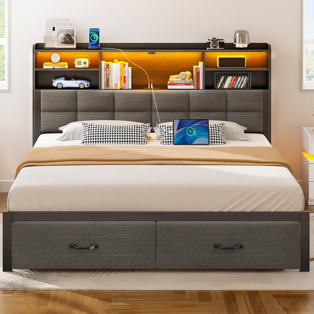 Rolanstar Bed Frame Full Size with Drawers and Charging Station, Upholstered Platform Bed with Storage Headboard and LED Light, Heavy Duty Metal Frame Support, No Box Spring Needed, Noise Free, Grey